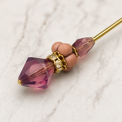 Dusky Pink & Purple Crystal w/ Clear Rhinestone Accent - 6” Pin • Hatpin