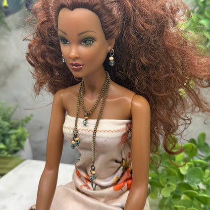 Blue Green Beige Beaded Dangle Doll Necklace Earring Set • 16 Inch Doll Jewelry