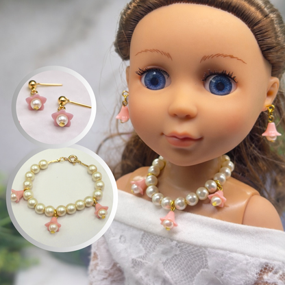 Light Pink Bell Flower Dangle Pearl Beaded Doll Necklace & Earrings • 14 Inch Fashion Doll Jewelry