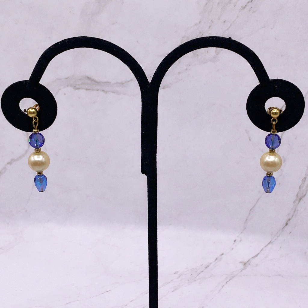 Pearl & Blue Crystal Drop Dangle Earrings - Gold Tone posts -  Handmade