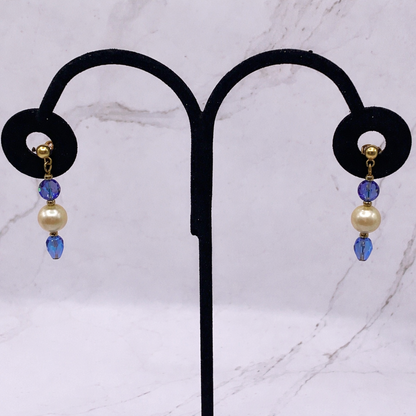 Pearl & Blue Crystal Drop Dangle Earrings - Gold Tone posts -  Handmade