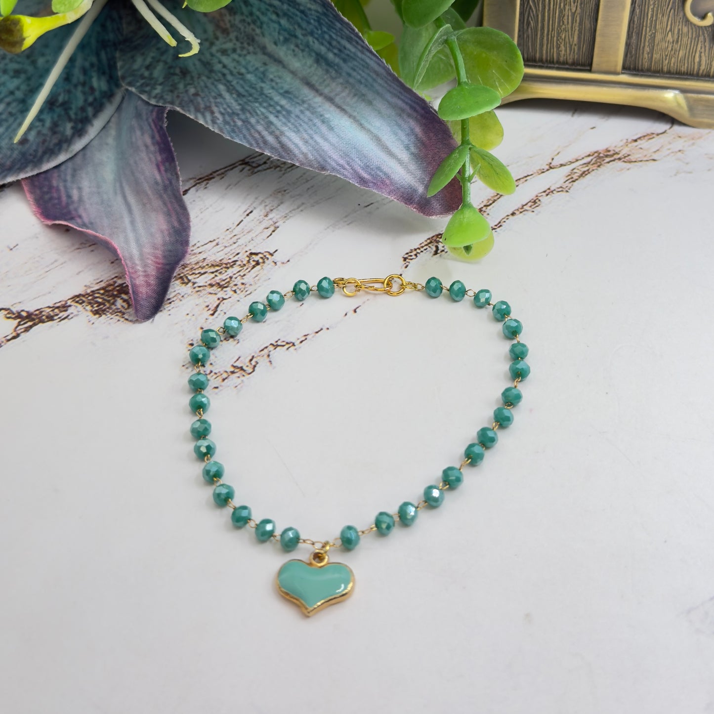Turquoise Green Heart Charm Glass Beaded Doll Necklace • 18 Inch Fashion Doll Jewelry