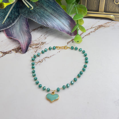 Turquoise Green Heart Charm Glass Beaded Doll Necklace • 18 Inch Fashion Doll Jewelry