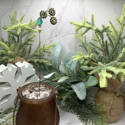 Green Glass Rhinestone Gold Tone Flower Design Pearl Accents -  9.25” • Hatpin