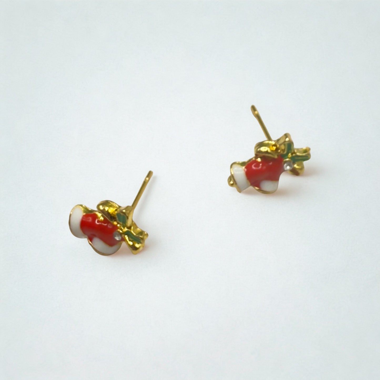 Red White Enamel Gold Metal Christmas Bell Post Earrings • 18 Inch Fashion Doll Jewelry