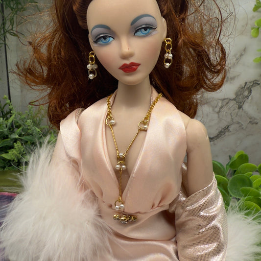 Pearl & Circle Y-Drop Gold Long Doll Necklace Earrings Set • 16” Doll Jewelry