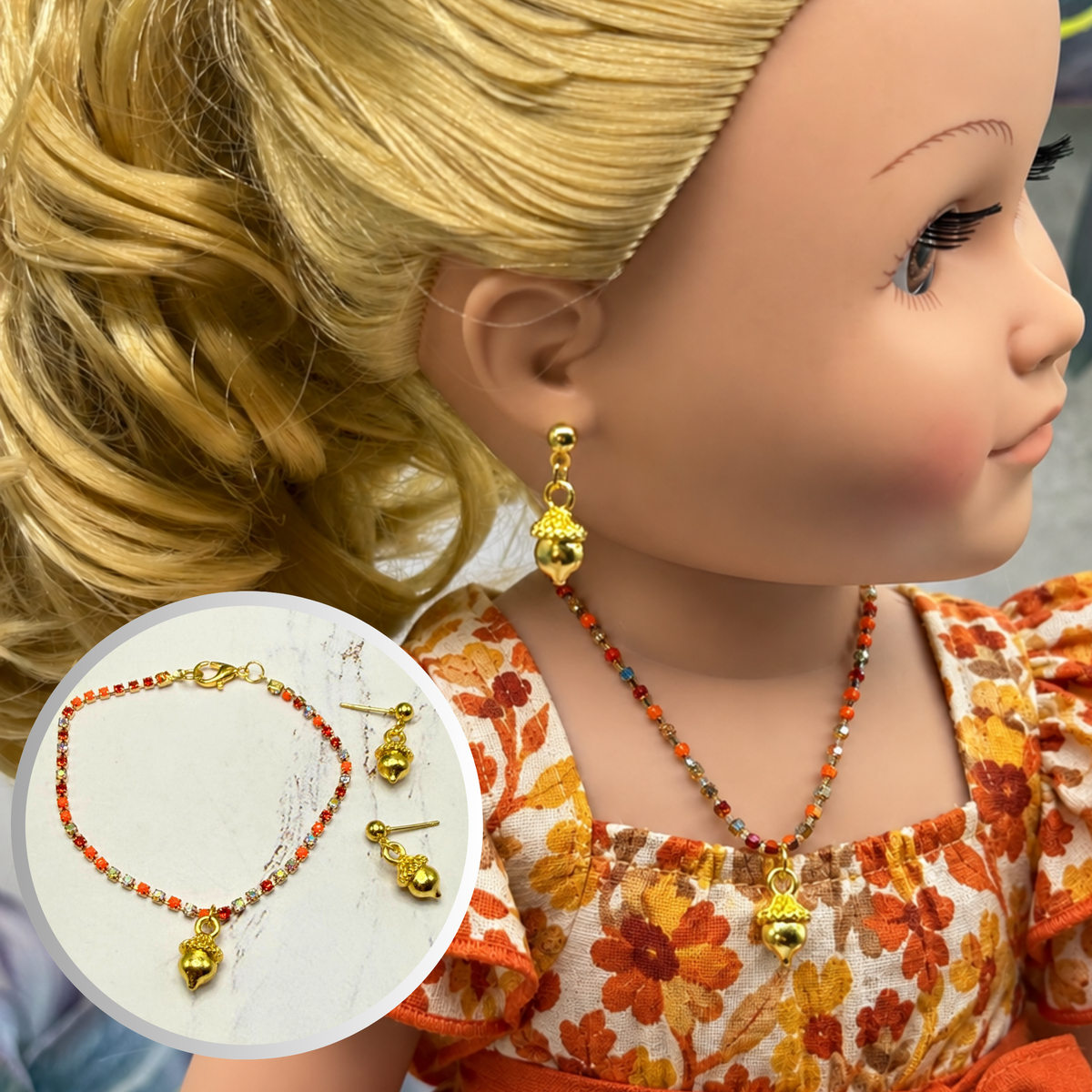 Gold Acorn Harvest Autumn Charm Fall Colors Rhinestone Doll Necklace & Earrings Set | for 18 Inch Fashion Doll