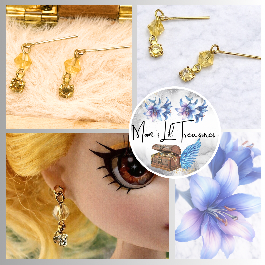 Amber Yellow Glass Crystal Rhinestone Dangle Doll Earrings • 10-12” Doll Jewelry