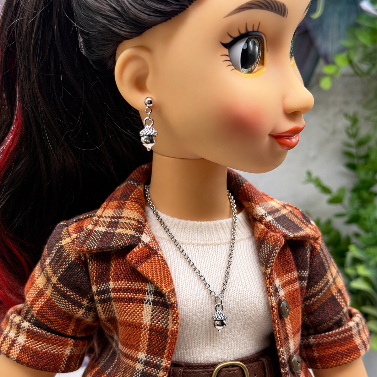 Acorn Harvest Autumn Charm Silver Doll Necklace and Earrings Set | for 18 Inch Fashion Dolls
