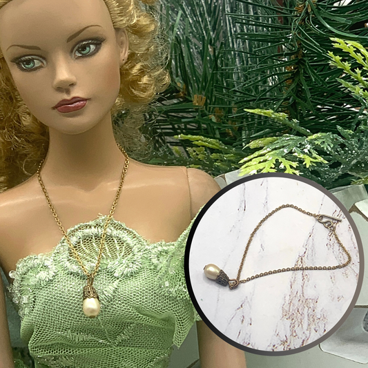 Pearl Drop Pendant Antique Gold Tone Doll Necklace • 16 Inch Fashion Doll