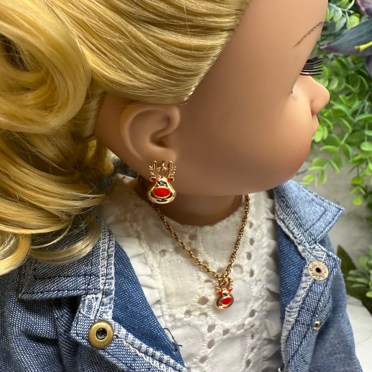 Copper Rose Gold Tone Rudolph Red Nose Reindeer Doll Necklace & Earrings Set • 18 Inch Fashion Doll Jewelry