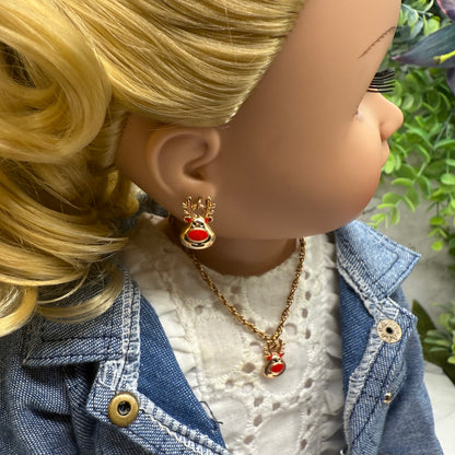 Copper Rose Gold Tone Rudolph Red Nose Reindeer Doll Necklace & Earrings Set • 18 Inch Fashion Doll Jewelry