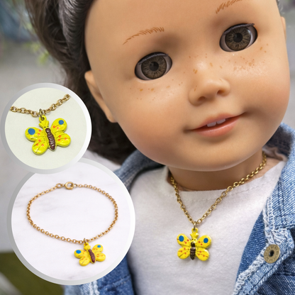 Yellow Enamel Butterfly Charm Gold Chain Doll Necklace • 18 Inch Fashion Doll Jewelry