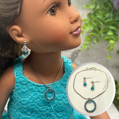 Turquoise Rhinestone Round Pendant Doll Necklace & Earrings Set • 18 Inch Fashion Doll Jewelry