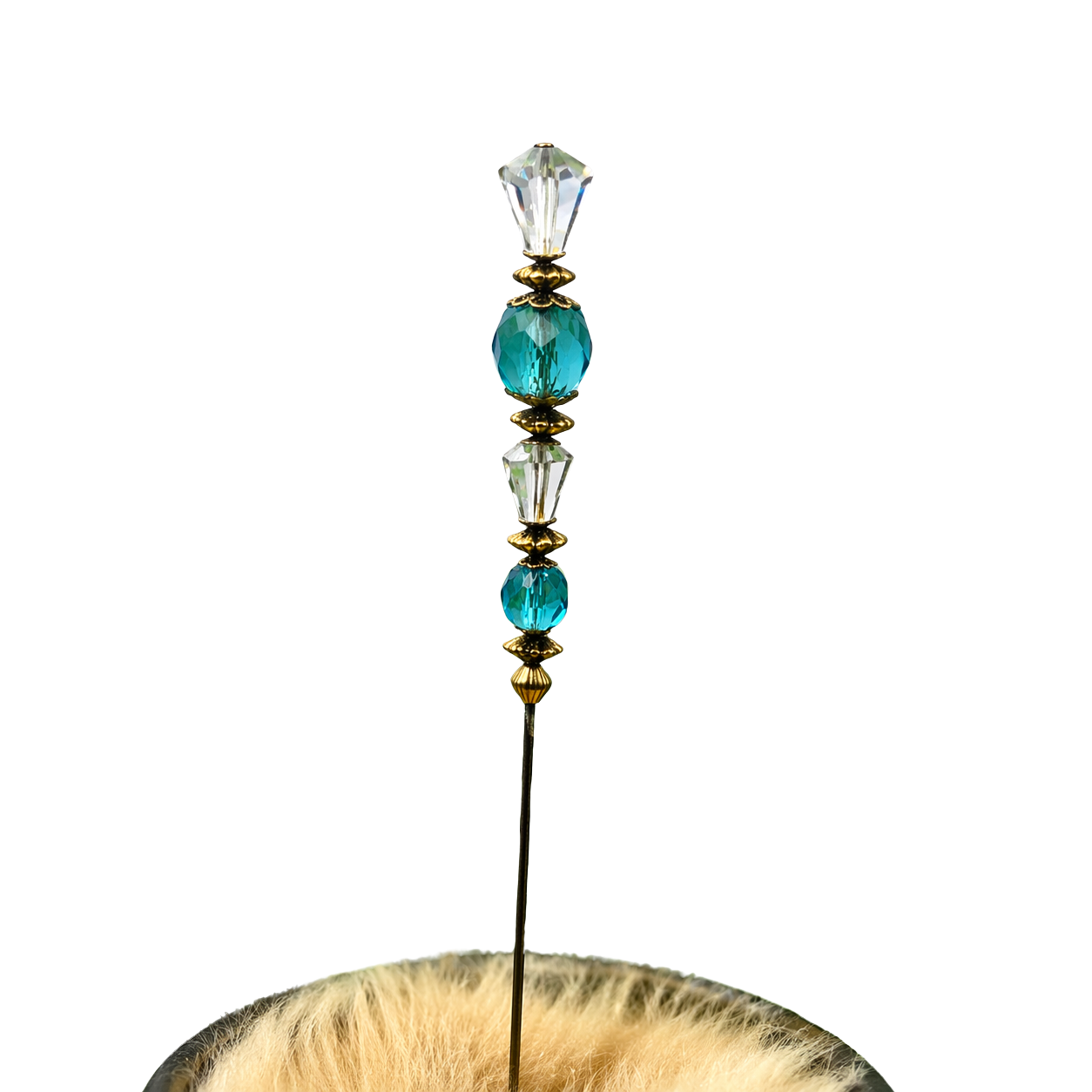 Turquoise Blue & Clear Crystal - Gold Tone Findings- 6” Pin • Hatpin - Stick Pin