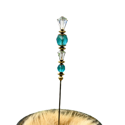 Turquoise Blue & Clear Crystal - Gold Tone Findings- 6” Pin • Hatpin - Stick Pin