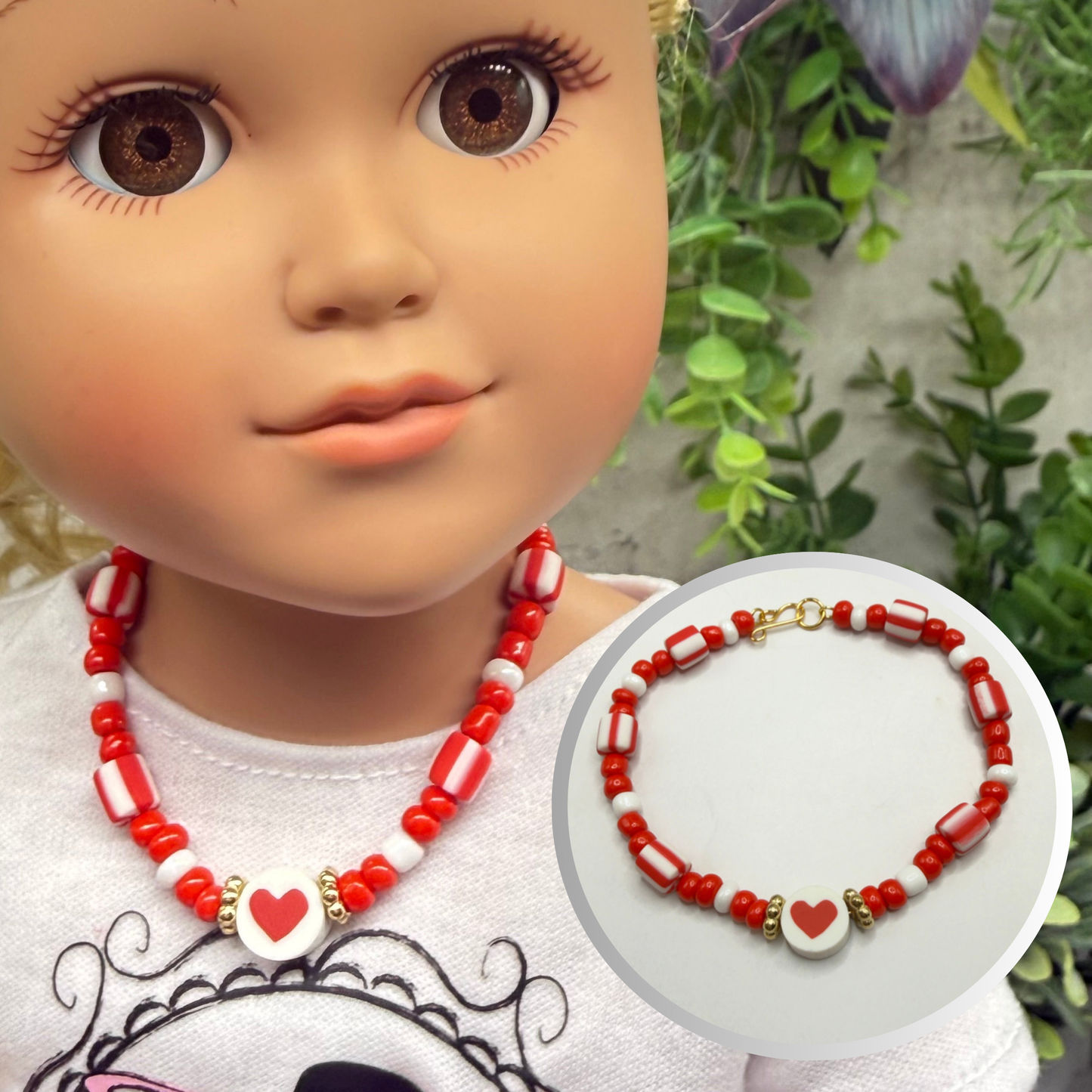 Red White Beaded Heart Valentine’s Day Doll Necklace • 18 Inch Fashion Doll Jewelry
