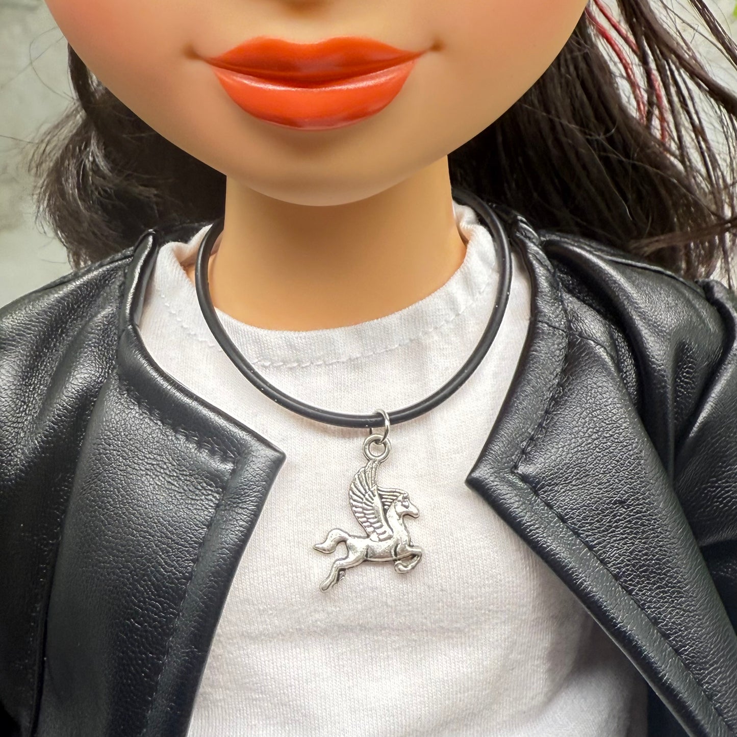 Silver Pegasus Charm Black Silicone Cord Necklace • 18 Inch Fashion Doll Jewelry
