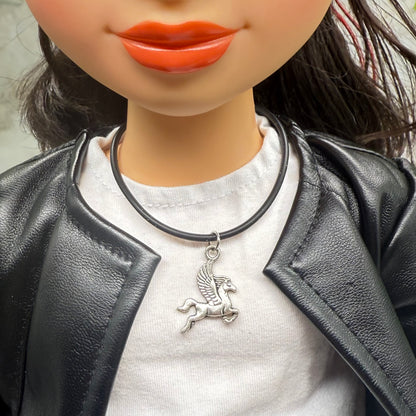 Silver Pegasus Charm Black Silicone Cord Necklace • 18 Inch Fashion Doll Jewelry