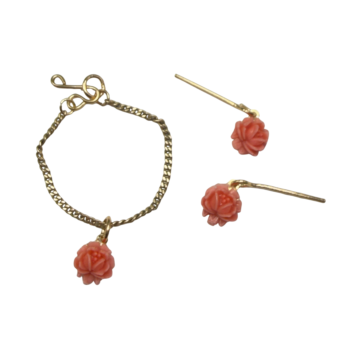 Coral Acrylic Rose Flower Charm Gold Chain Doll Necklace & Earrings • 16 Inch Fashion Doll Jewelry