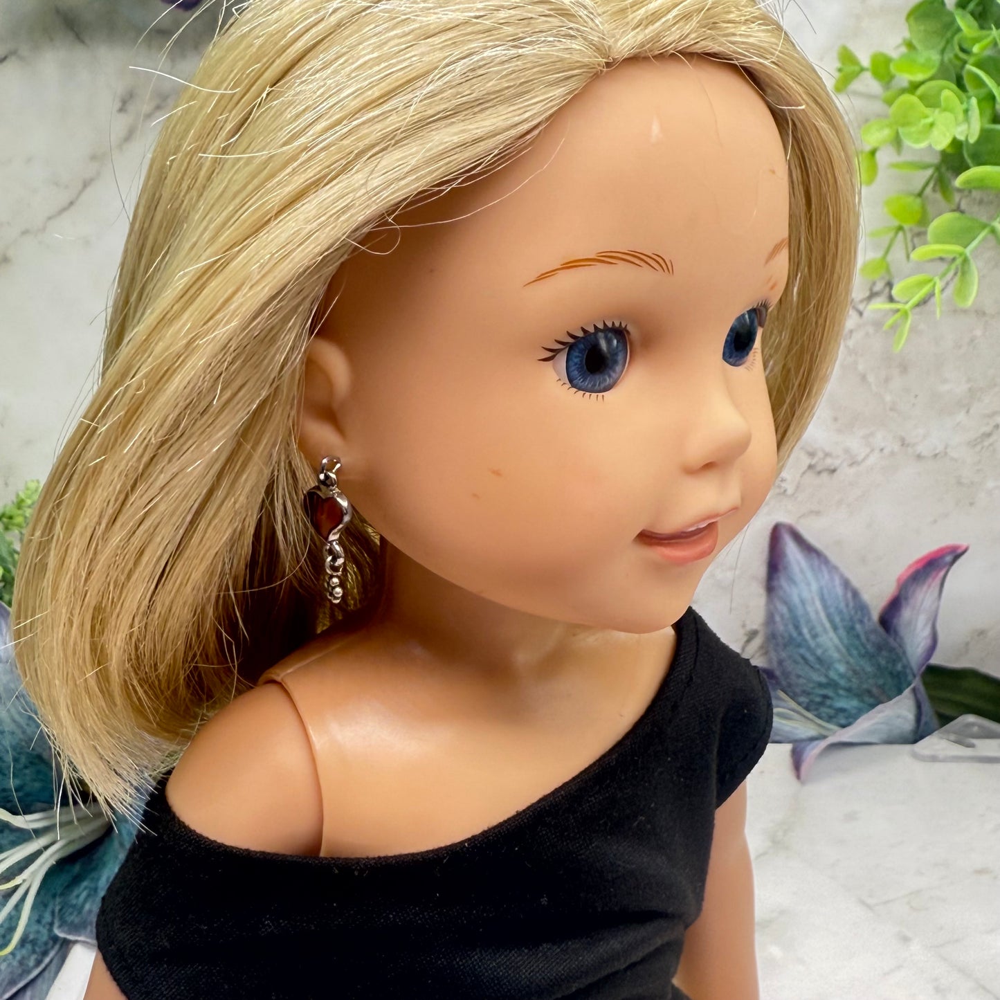 Burgundy Rust Abalone Heart Silver Dangle Doll Earrings • 14 Inch Doll Jewelry