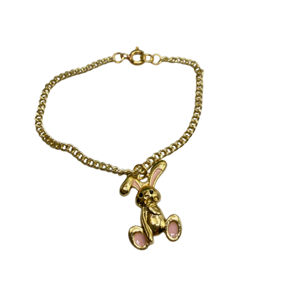 Gold Floppy Ear Bunny Light Pink Enamel Accent Charm Doll Necklace • 18 Inch Fashion Doll Jewelry