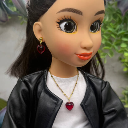 Burgundy Red Heart Charm Gold Chain Doll Necklace & Earrings Set • 18 Inch Fashion Doll Jewelry