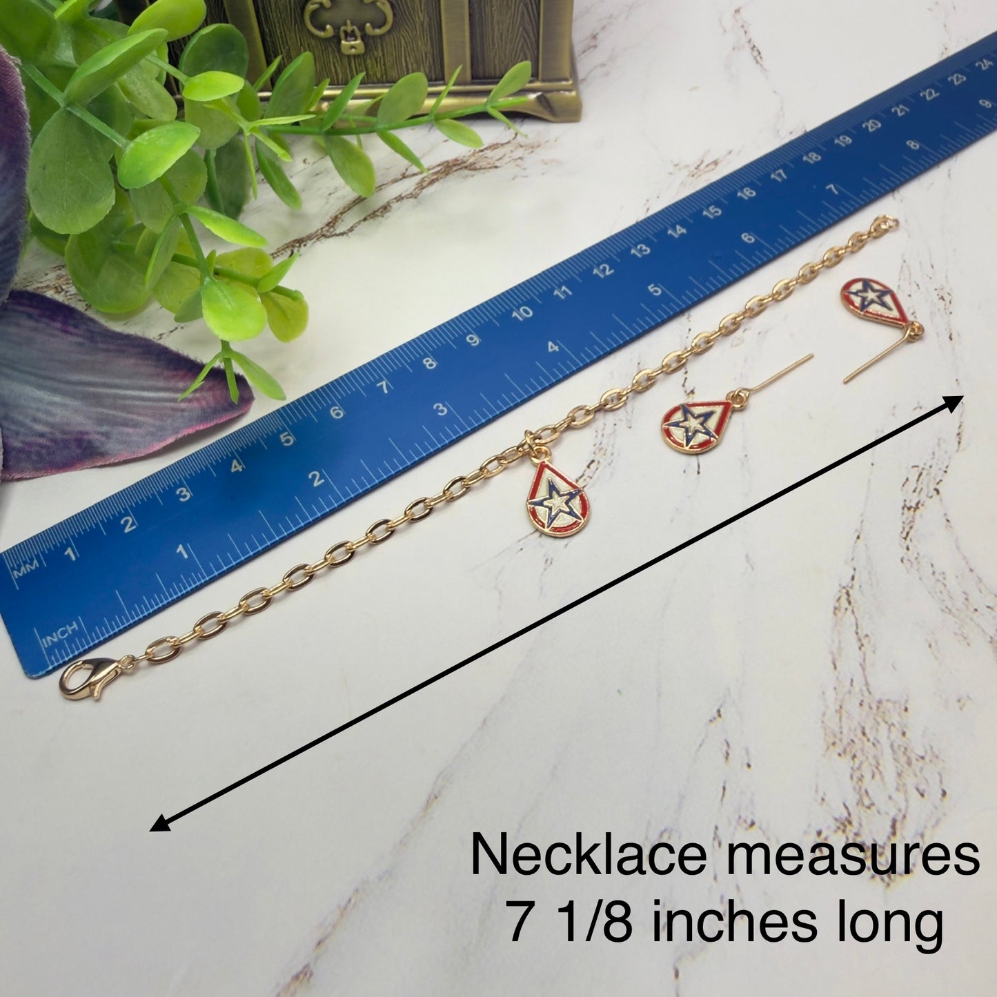 Red White Blue Teardrop Patriotic Star Gold Doll Necklace & Earrings for 18 Inch Fashion Doll