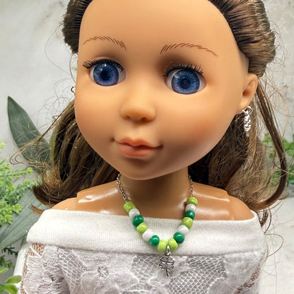 Green White Beaded Silver Four-Leaf Clover Shamrock Charm Doll Necklace & Earrings • 14 Inch Fashion Doll Jewelry