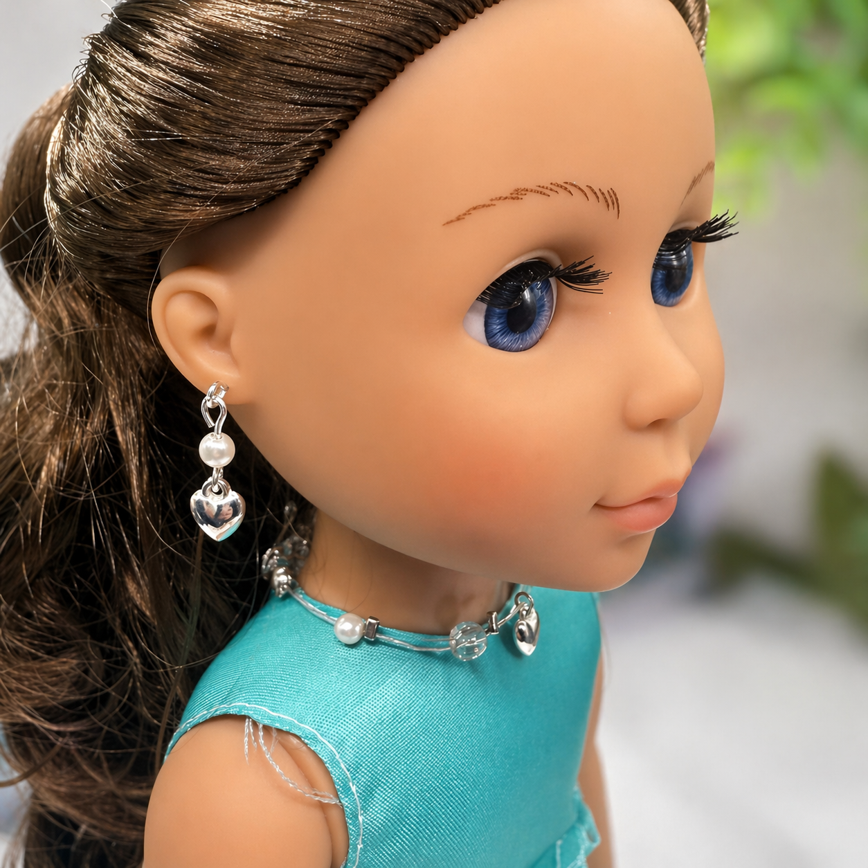 Silver Heart Charm Nylon String Pearl & Acrylic Crystal Necklace & Earrings • 14 Inch Fashion Doll Jewelry