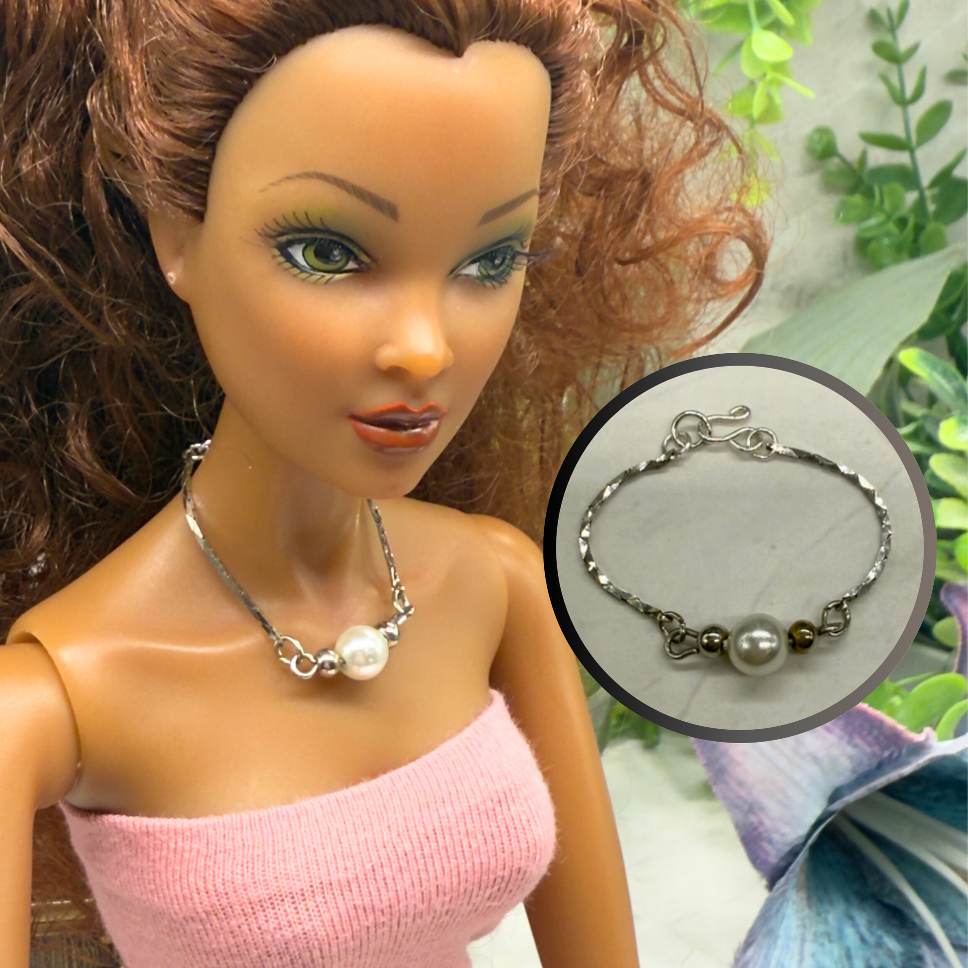 Silver Serpentine Chain Pearl Pendant Doll Necklace • 16” Fashion Doll Jewelry