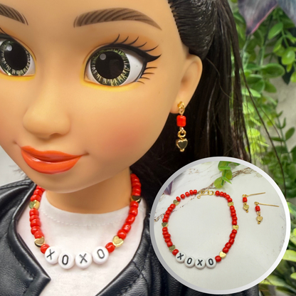 Red White Gold Bead XOXO Heart Doll Necklace & Earrings Set • 18 Inch Fashion Doll Jewelry