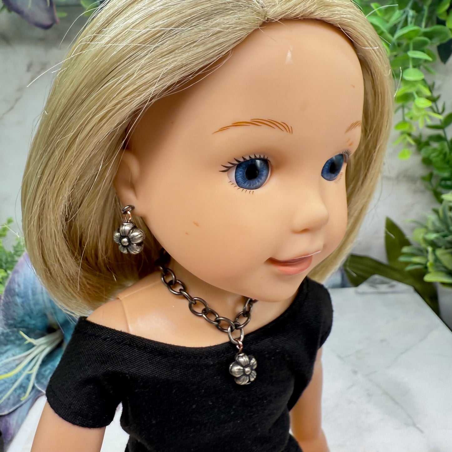Flower Dangle Gunmetal Dark Silver Doll Necklace & Earrings • 14 Inch Fashion Doll Jewelry