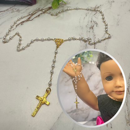 White Pearl Beaded Gold Chain & Crucifix • Doll Size Catholic Rosary for 18-22” Fashion or Vintage Dolls