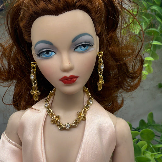 Gold Filigree Cross Clear Rhinestone Doll Necklace Earring Set • 16” Fashion Doll Jewelry
