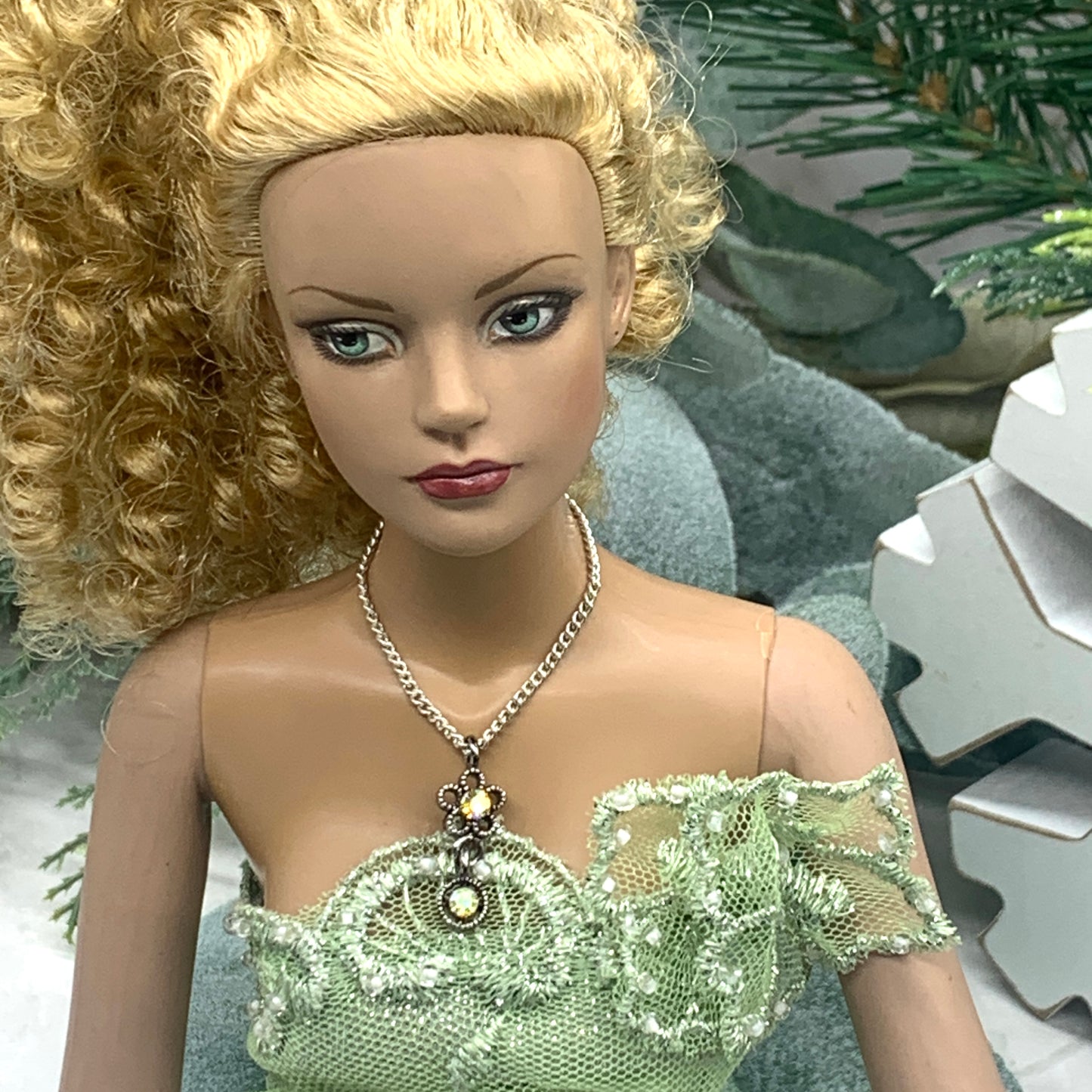 AB Rhinestone Flower Pendant Silver Chain Doll Necklace • 16”  Doll Jewelry