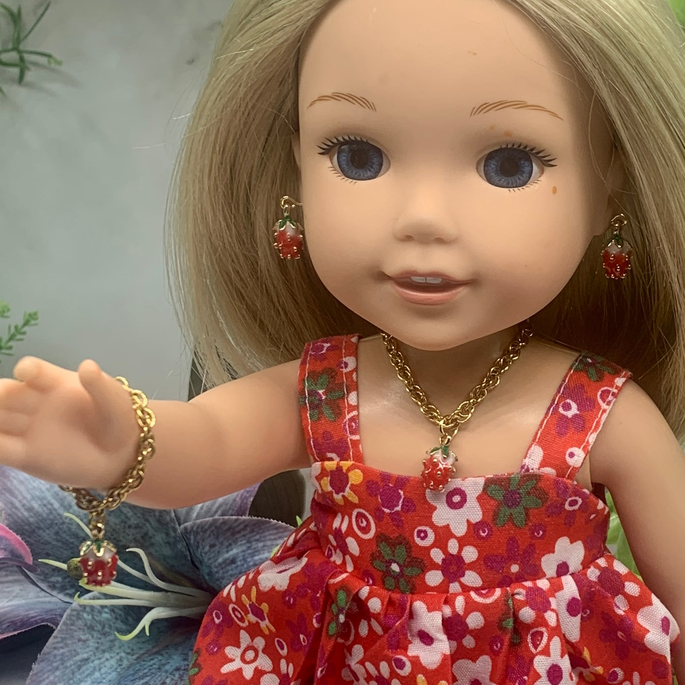 Strawberry Charm Gold Chain Doll Necklace Earring Bracelet Set 14” Wellie Wisher