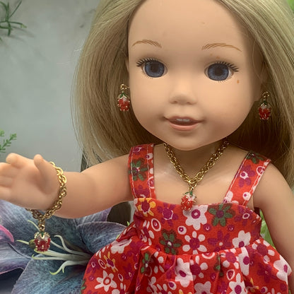 Strawberry Charm Gold Chain Doll Necklace Earring Bracelet Set 14” Wellie Wisher