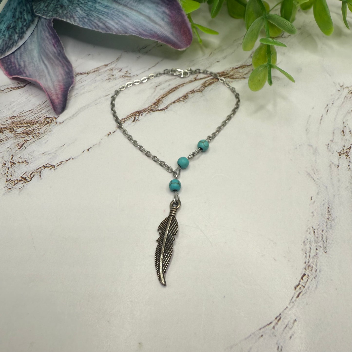 Turquoise Blue Beads Silver Feather Native Western Style Doll Necklace • 18 Inch Fashion Doll Jewelry
