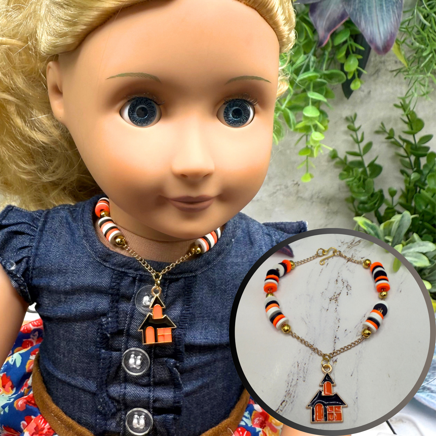 Haunted House Halloween Charm Silicone Disc Beads on Gold Chain Doll Necklace • 18 Inch Fashion Doll Jewelry