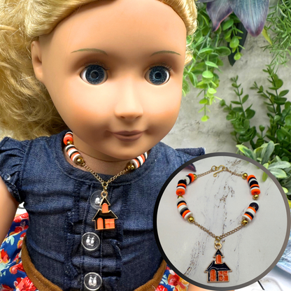 Haunted House Halloween Charm Silicone Disc Beads on Gold Chain Doll Necklace • 18 Inch Fashion Doll Jewelry
