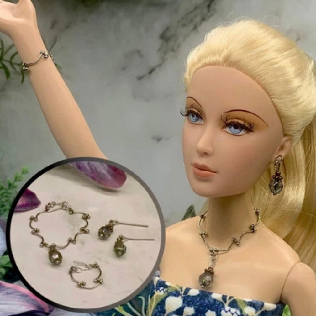 Grayish Green Crystal Silver Chain Doll Necklace Earring Bracelet Set • 16” Doll Jewelry