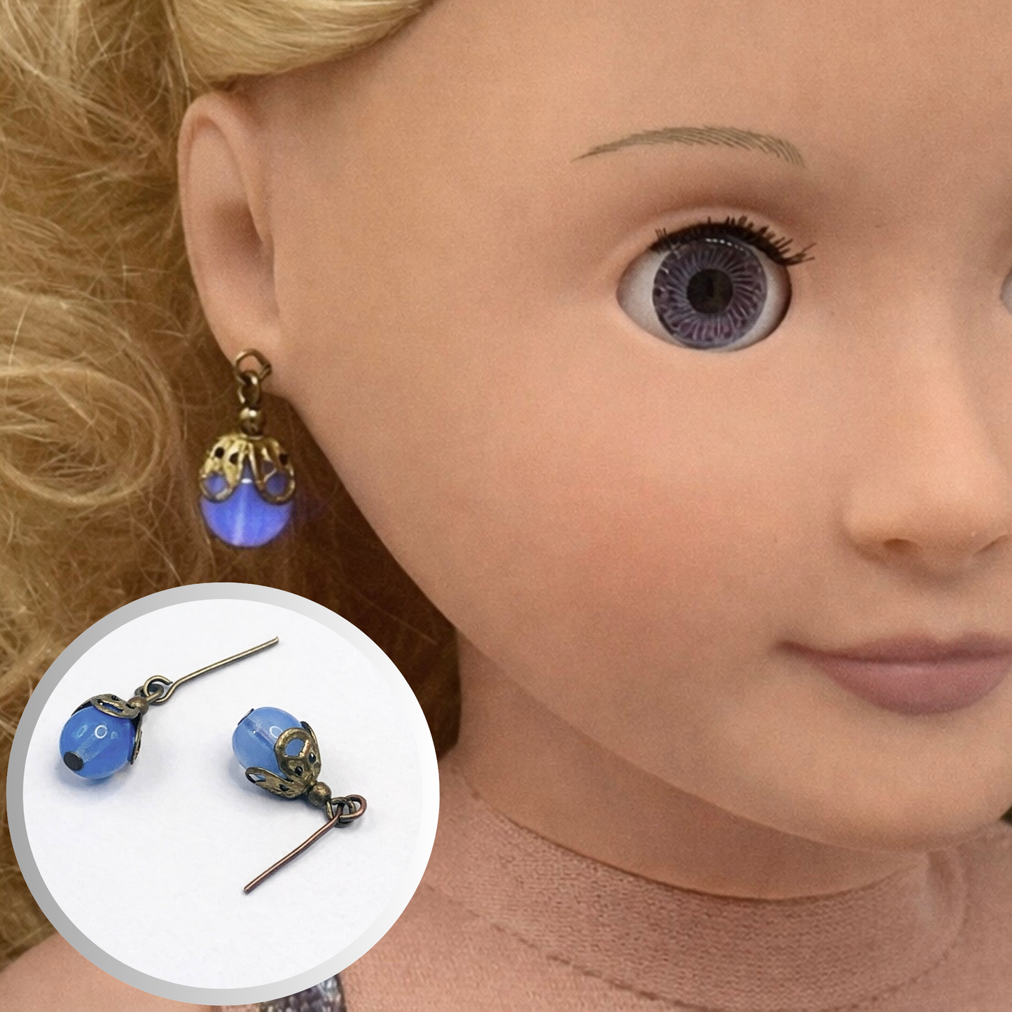 Light Blue Glass Brass Gold Filigree Doll Earrings •18 Inch Fashion Doll Jewelry