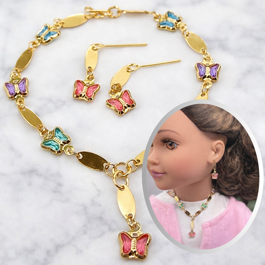 Multi Color Acrylic Crystal Butterfly Charm Gold Oval Link Doll Necklace & Earrings Set for 18 Inch Fashion Dolls