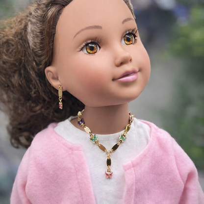 Multi Color Acrylic Crystal Butterfly Charm Gold Oval Link Doll Necklace & Earrings Set for 18 Inch Fashion Dolls
