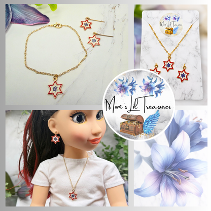 Red White Blue Star Charm Doll Necklace & Earrings Set for 18 Inch Fashion Doll