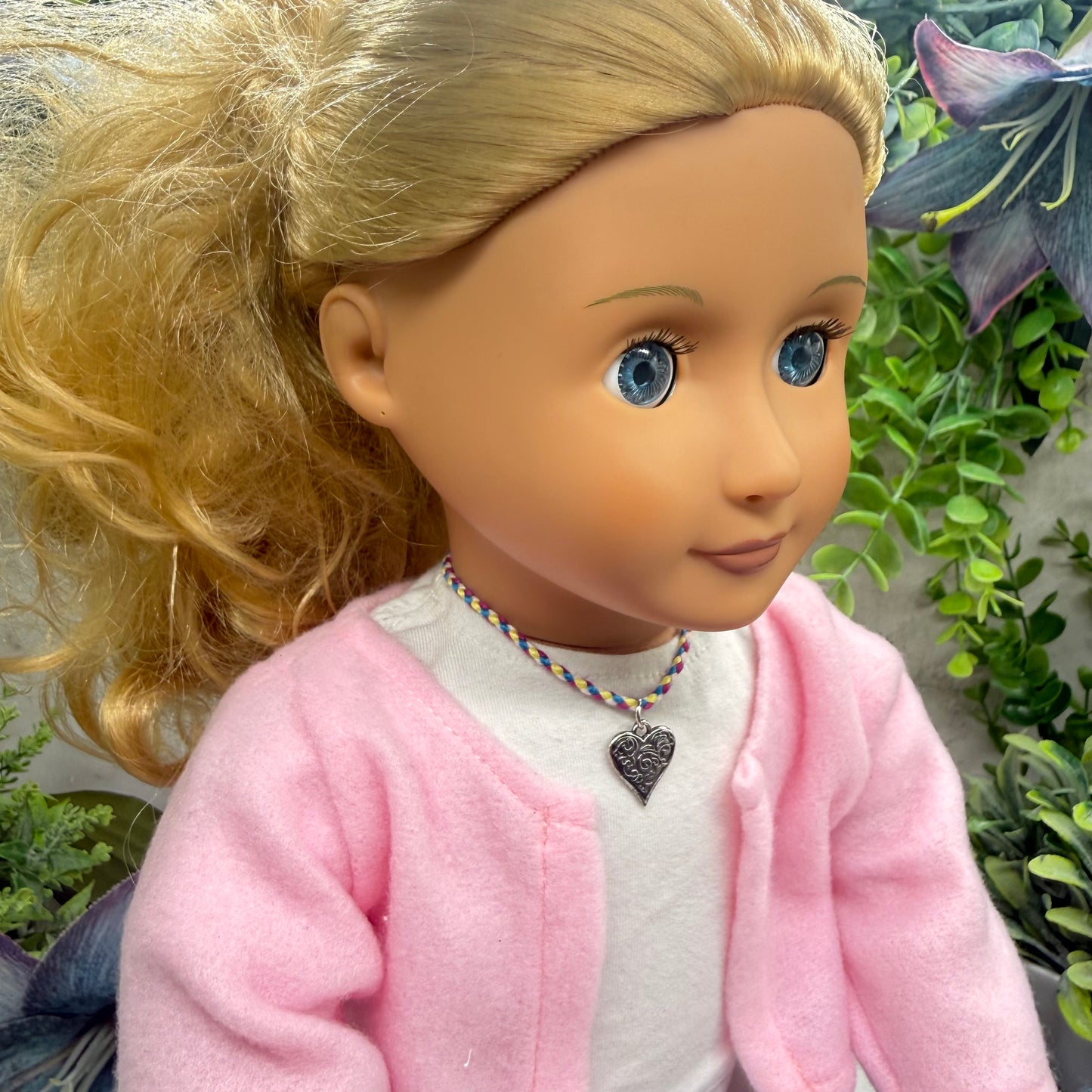 Braided Thread Purple Blue Yellow Doll Necklace w/ Silver Heart Charm • 18 Inch Fashion Doll Jewelry