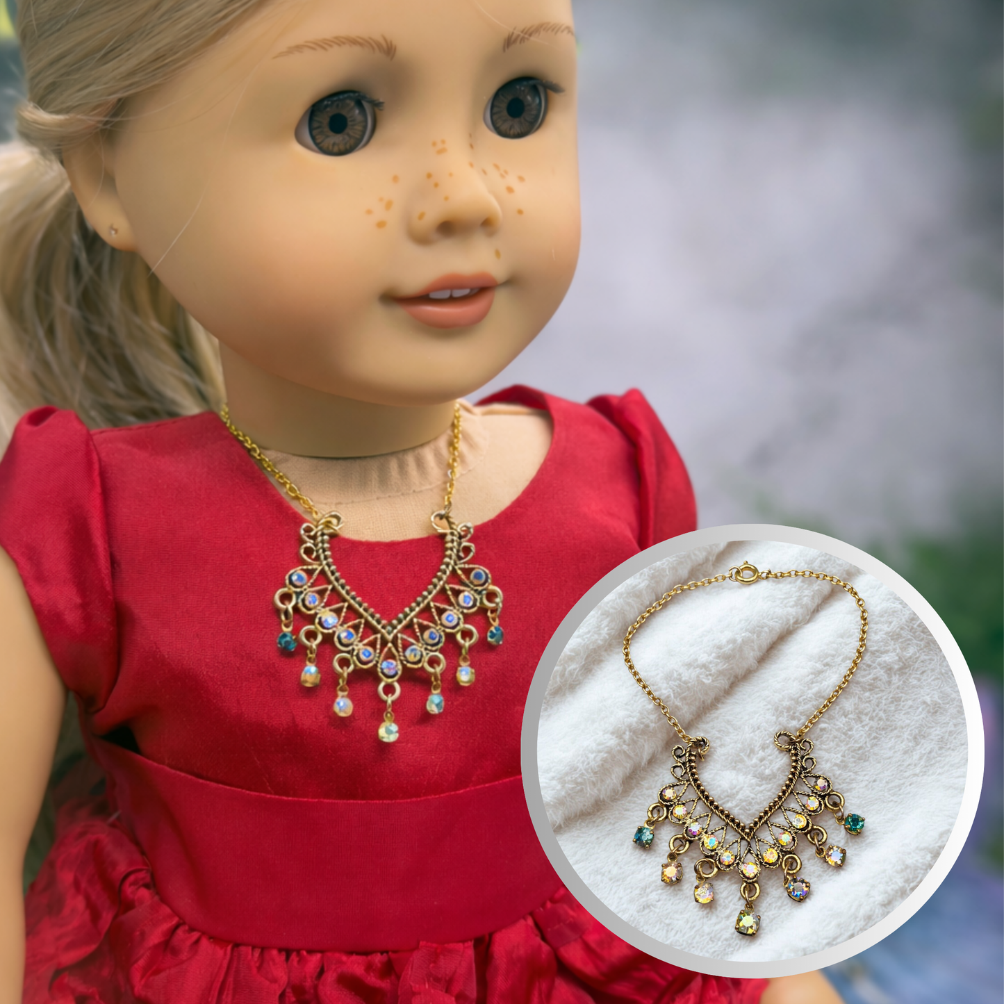Collar-style Pendant Dangle Aurora Borealis Rhinestone Gold Chain Doll Necklace • 18 Inch Fashion Doll Jewelry