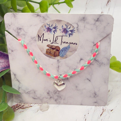 Pink Blue White Braided Thread Doll Necklace w/ Silver Heart Charm • 14 Inch Fashion Doll Jewelry