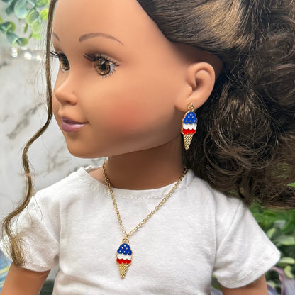 Red White Blue Patriotic Ice Cream Cone Charm Doll Necklace & Earrings Set for 18 Inch Fashion Doll